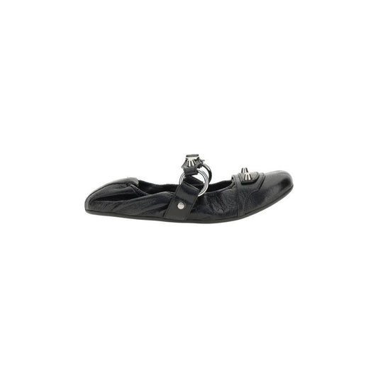 Balenciaga City Ballerina in black Arena lambskin, featuring silver buckle studs and rounded toe, offering elegance and modern style.
