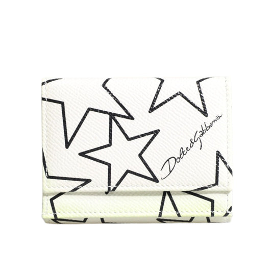 Dolce & Gabbana White Leather Trifold DG Star Print Card Holder Wallet