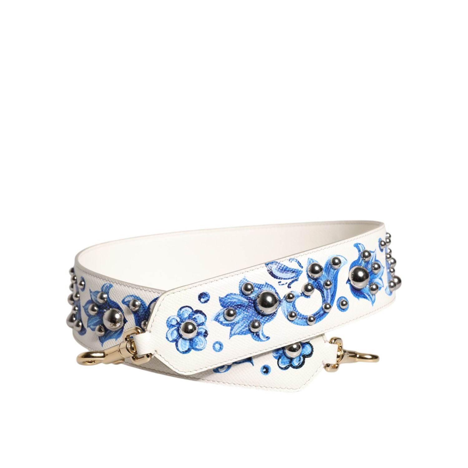 Dolce & Gabbana White Blue Floral Leather Stud Shoulder Strap
