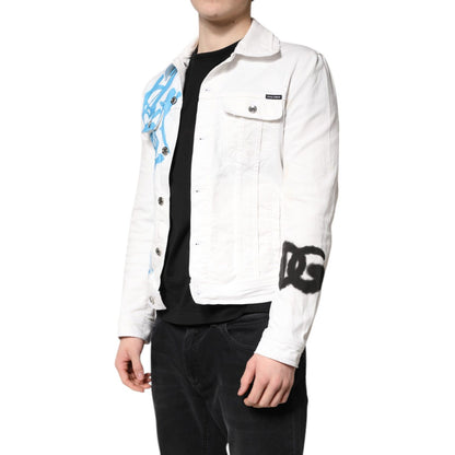 Dolce & Gabbana White Graffiti Cotton Stretch Denim Jacket