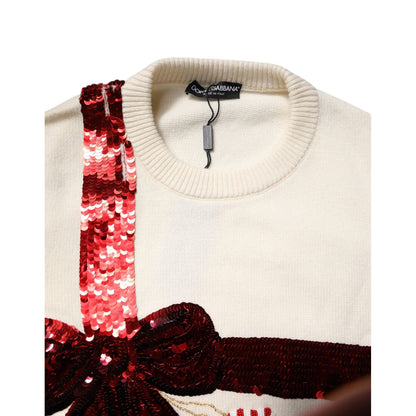 Dolce & Gabbana White Sequined Crew Neck Pullover Sweater