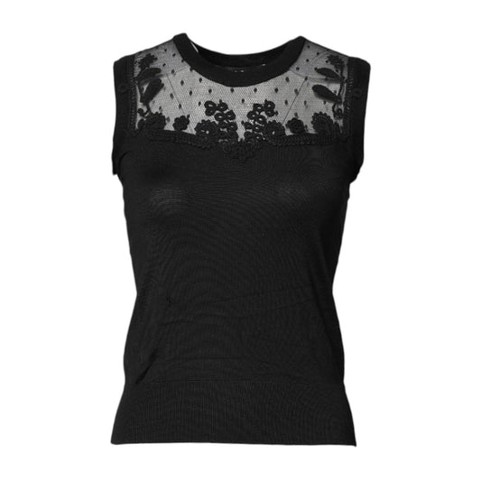Dolce & Gabbana Black Lace Sheer Crew Neck Sleeveless Top