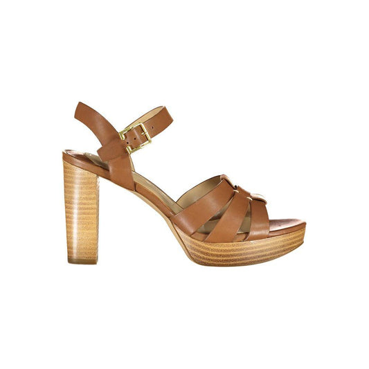 Ralph Lauren brown leather sandal with 10cm heel, ankle fastening, contrasting details, and logo branding