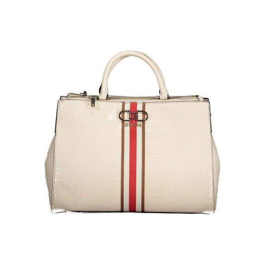 Guess Jeans beige polyethylene handbag with dual handles, adjustable strap, striped detail, and logo emblem.