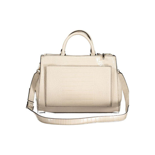 Beige polyethylene handbag with two handles, adjustable strap, and stylish design from Guess Jeans.