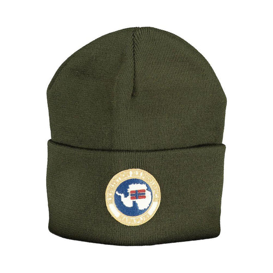Napapijri green acrylic hat with logo patch, featuring warm knitted material, ideal for cold weather and stylish outings.