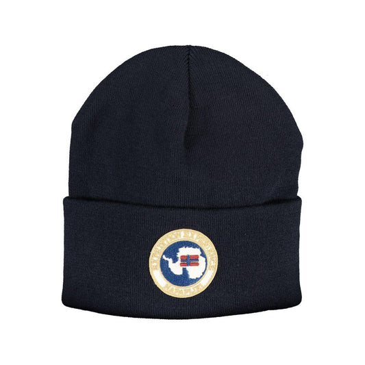 Napapijri blue acrylic hat with logo application, stylish and warm headwear for winter.