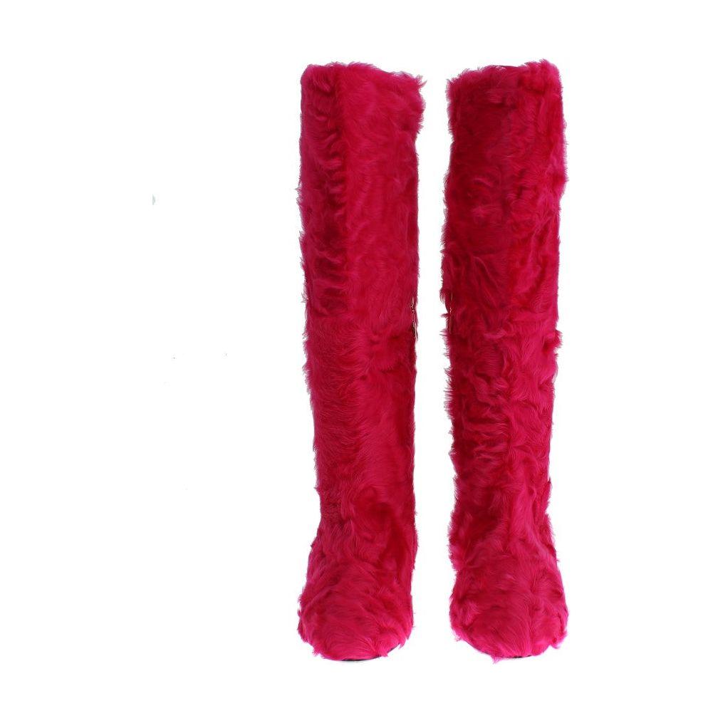 Dolce & Gabbana Pink Lamb Fur Leather Flat Boots SIG19166-1