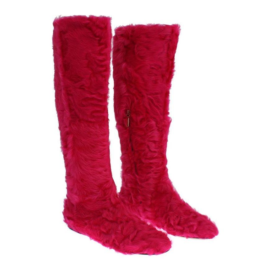 Dolce & Gabbana Pink Lamb Fur Leather Flat Boots SIG19166-1
