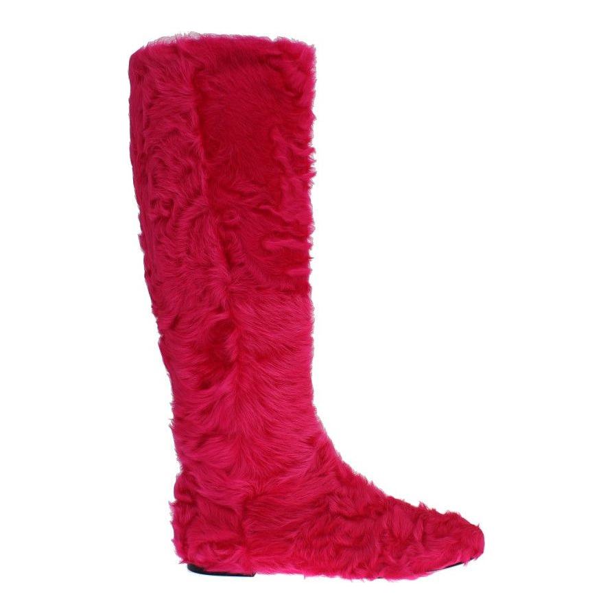 Dolce & Gabbana Pink Lamb Fur Leather Flat Boots SIG19166-1