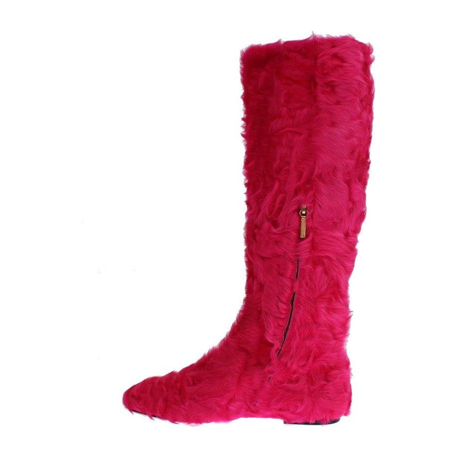 Dolce & Gabbana Pink Lamb Fur Leather Flat Boots SIG19166-1