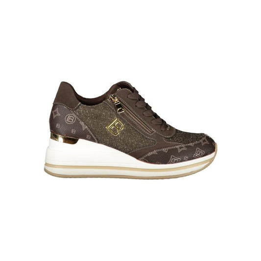 Laura Biagiotti brown polyester women's sneaker with nubuck finish, side zip, lace-up design, and bold print logo.