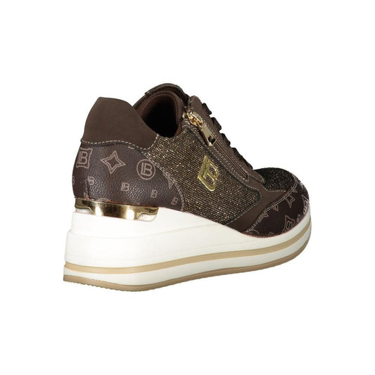 Laura Biagiotti brown polyester women's sneaker with chic nubuck finish, side zip, lace-up design, removable footbed, and bold print.