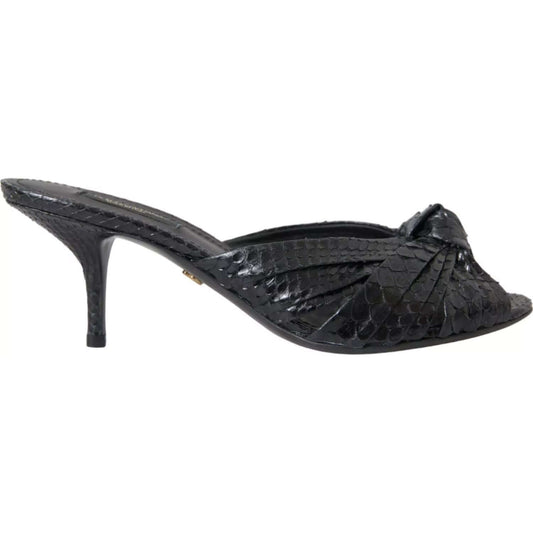 Dolce & Gabbana black python leather kitten heel sandals in animal print, logo detail, high quality, made in Italy.