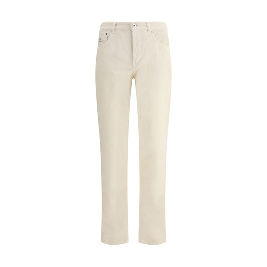 Brunello Cucinelli White Cotton Casual Pants with five-pocket design, featuring corduroy texture and logoed leather patch detail.