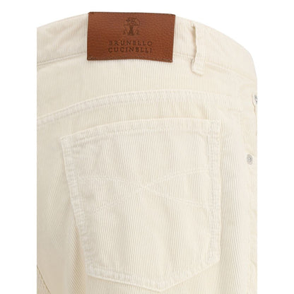 Brunello Cucinelli White Cotton Casual Pants with logoed leather patch and five-pocket design showcasing elegant corduroy texture.