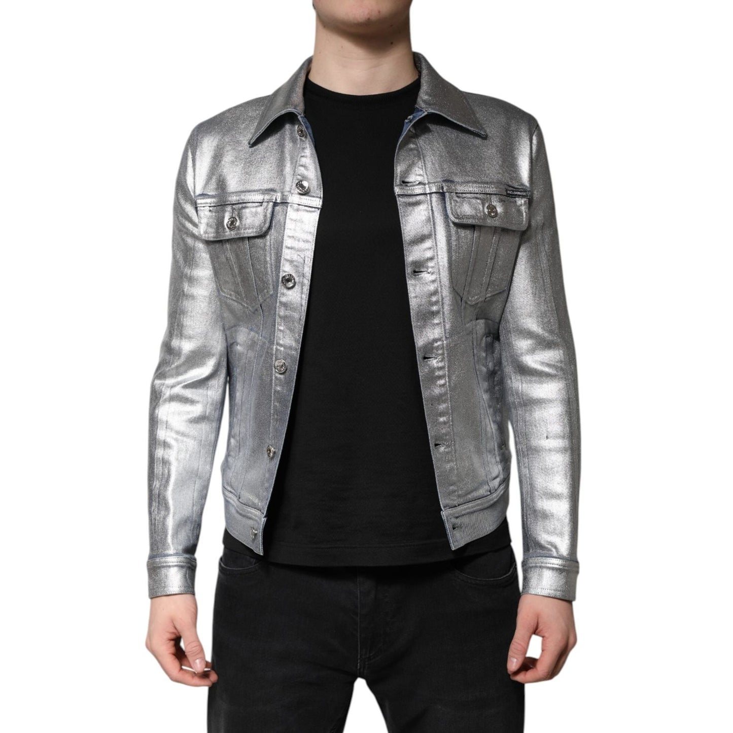 Dolce & Gabbana Silver Cotton Button Down Denim Biker Jacket JKT4130-48