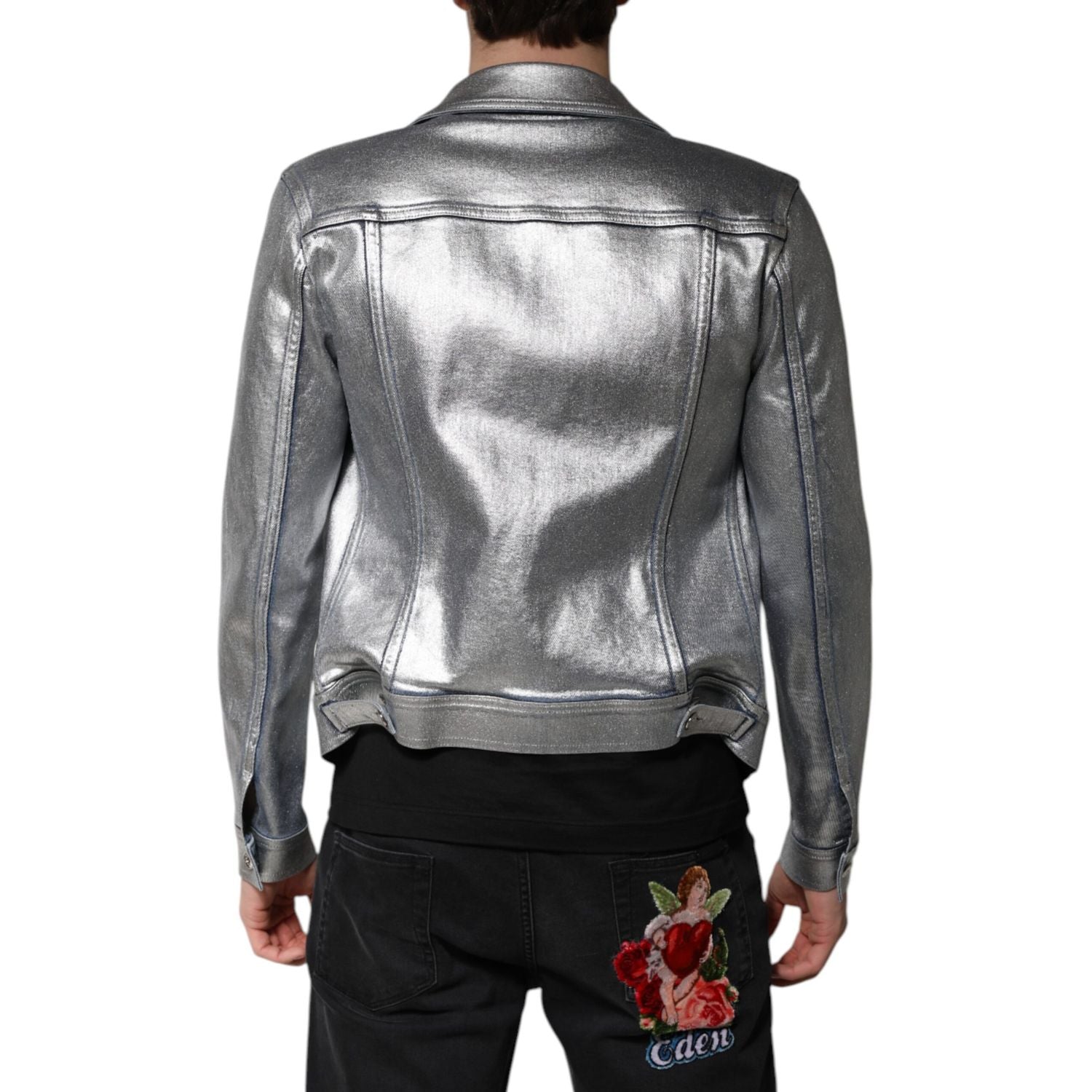 Dolce & Gabbana Silver Cotton Button Down Denim Biker Jacket