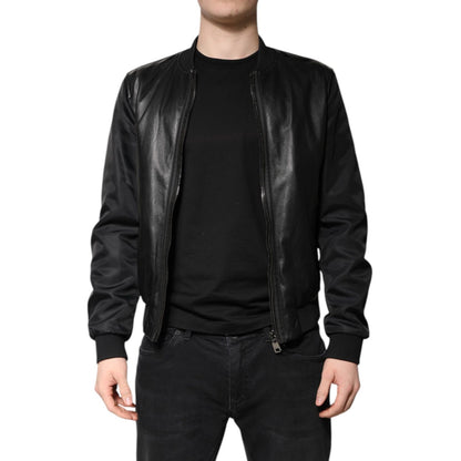 Dolce & Gabbana Black Lambskin Leather Biker Full Zip Jacket