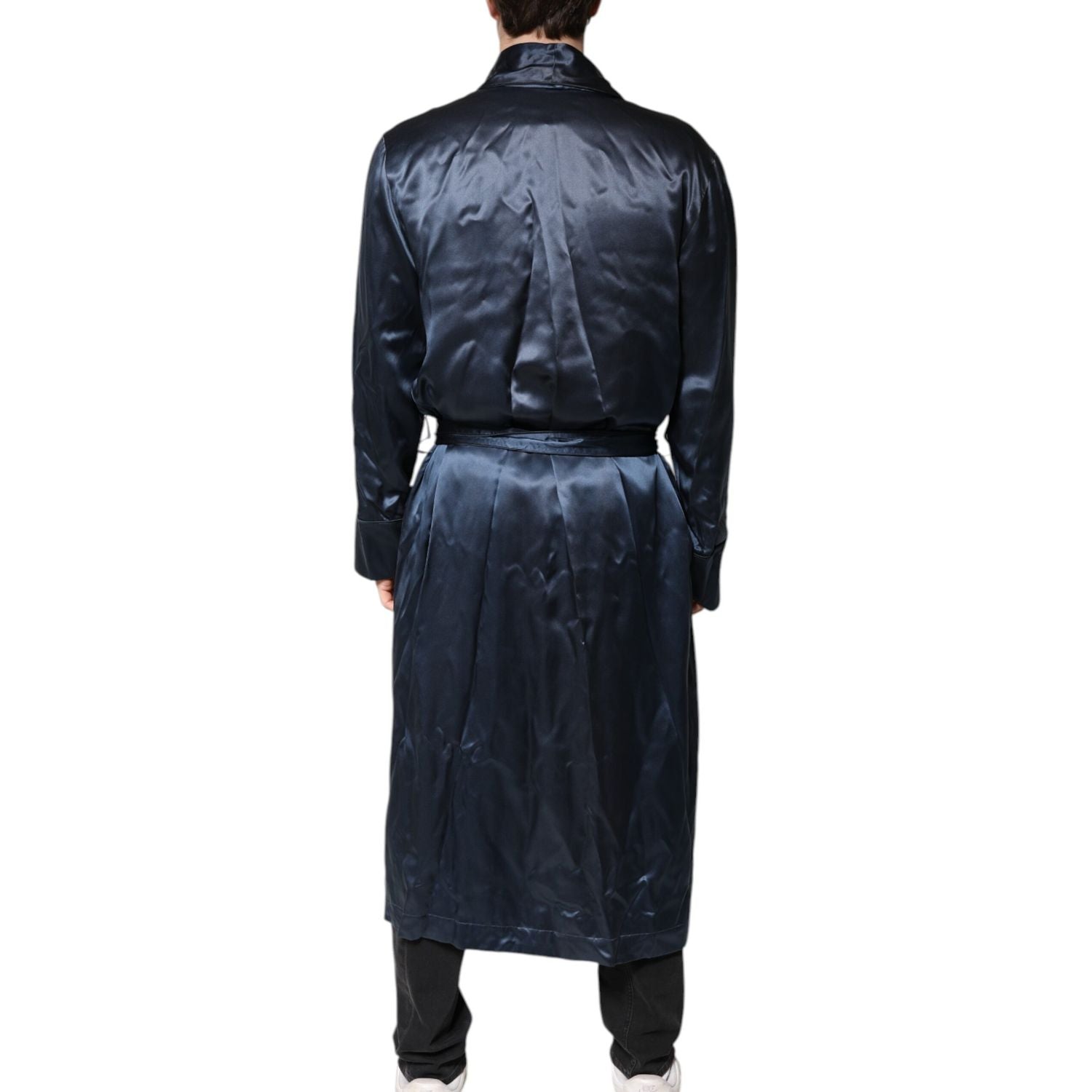 Dolce & Gabbana Blue Solid Silk Men Wrap Robe Coat Jacket