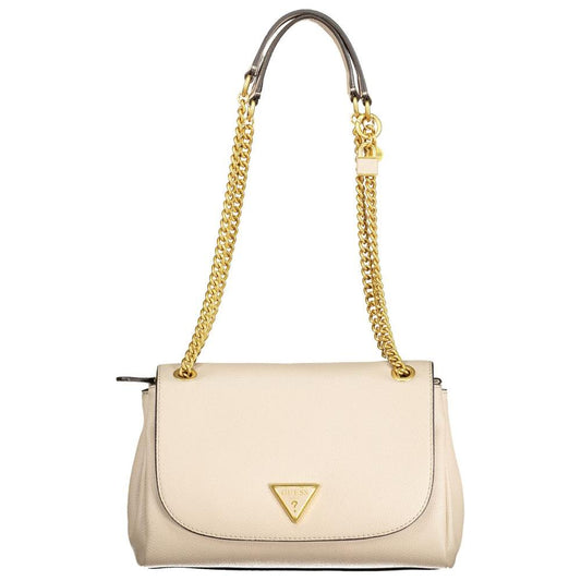 Guess Jeans beige polyethylene handbag with chain shoulder strap, multiple compartments, protective feet, and logo design.
