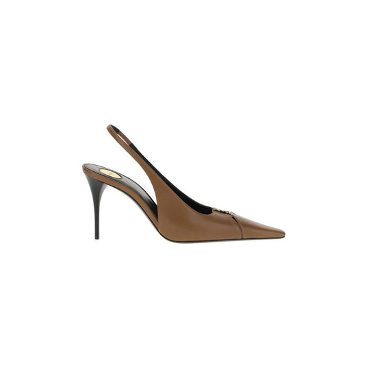 Saint Laurent leather Babylone Pump with elongated toe, cut-out details, YSL metallic embellishment, and slingback stiletto heel.
