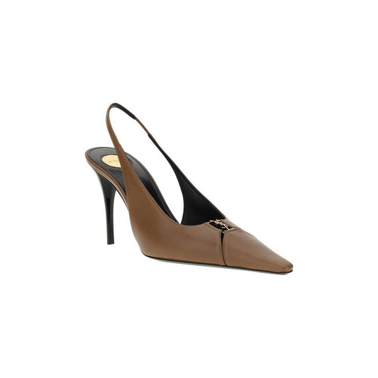 Saint Laurent Babylone Pumps with elongated toe, cut-out details, YSL metallic logo, leather stiletto heel, and slingback strap.