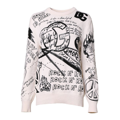 Dolce & Gabbana White Black Logo Print Women Pullover Sweater