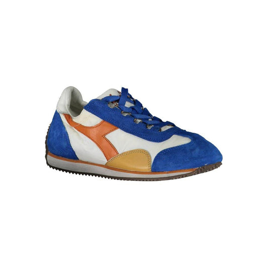 Diadora blue leather women's sneaker with white and orange accents, featuring durable craftsmanship and extra laces for style versatility.