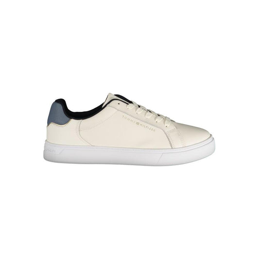 Tommy Hilfiger beige leather women sneaker with blue accents, showcasing chic design and iconic logo for stylish street fashion.