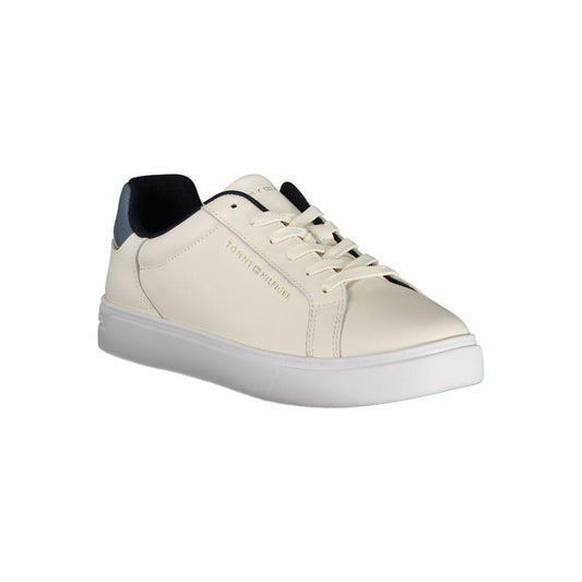 Tommy Hilfiger beige leather women's sneaker with blue accents, showcasing preppy style and comfort.
