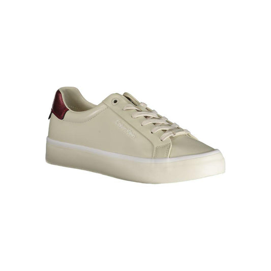 Calvin Klein beige polyester sneaker with laces, contrast red heel, and logo on side. Stylish sports footwear for casual wear.