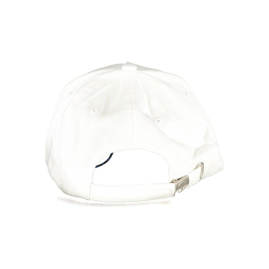 Back view of North Sails adjustable white cotton hat with logo, featuring a visor made from organic cotton.