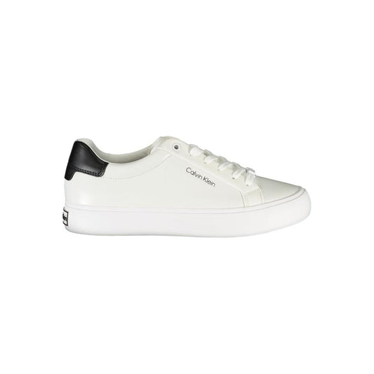 Calvin Klein white polyester sneaker with black contrast details, lace-up sports footwear featuring brand logo on side.