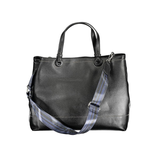 BYBLOS black polyethylene women handbag with dual handles and adjustable strap, showcasing modern luxury and versatile style.