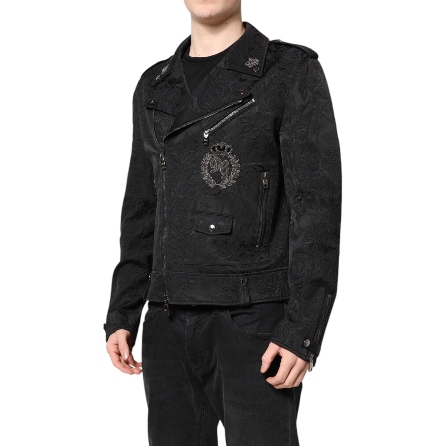 Dolce & Gabbana Black Brocade Cotton Full Zip Biker Jacket