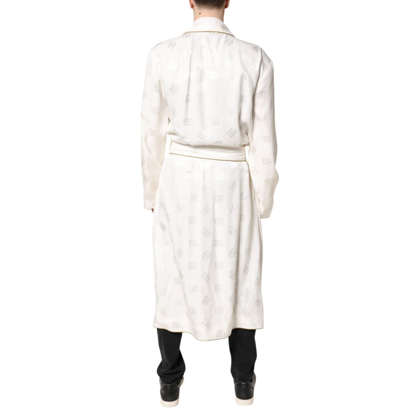 Dolce & Gabbana Ivory Silk Logo Men Wrap Robe Coat Jacket