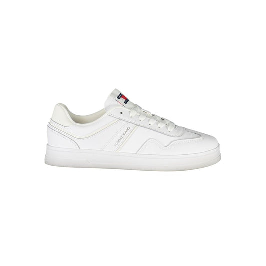 Tommy Hilfiger white polyethylene women's sneaker with dynamic design and removable footbed for comfort and bold fashion.