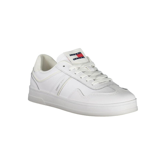 Tommy Hilfiger white women's sneaker with polyethylene material and bold design, offering comfort and style for chic fashion enthusiasts.