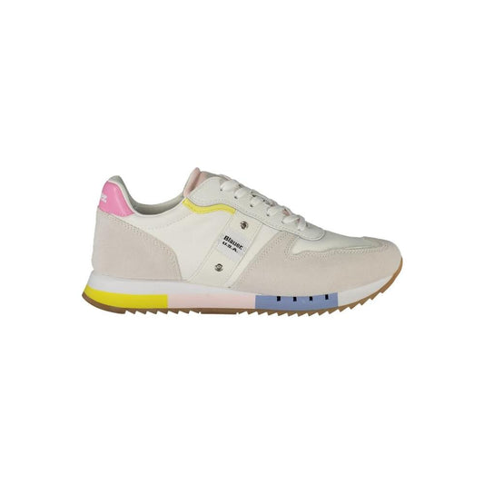Colorful Blauer women's sneaker with white leather and pastel accents, featuring a lace-up design and removable insole for comfort.