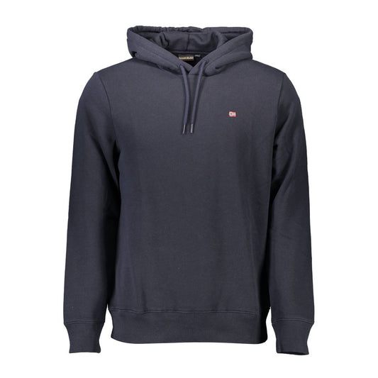 Napapijri Blue Organic Cotton Men Sweater with long sleeves and hoodie, featuring applique logo, modern design.