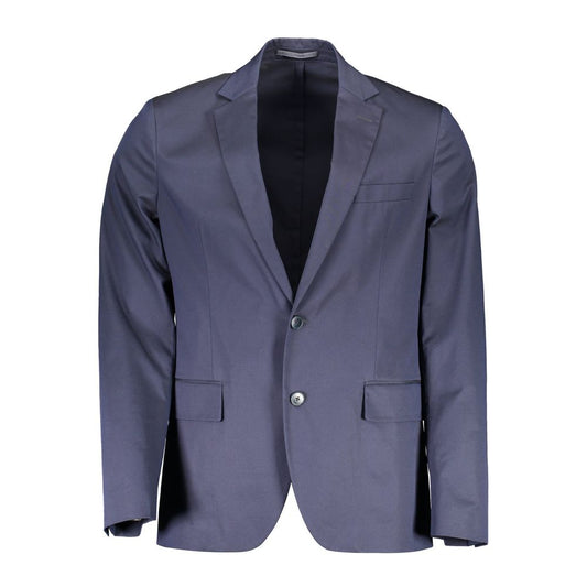 Gant Blue Cotton Men Jacket with sharp tailoring and button fastenings, featuring external and internal pockets, plus iconic Gant logo.