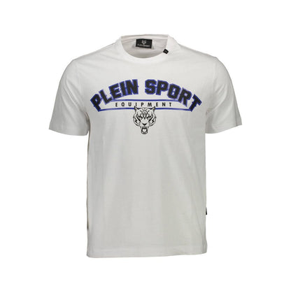 Plein Sport White Cotton Men T-Shirt with bold logo and contrasting details, premium short sleeve crew neck tee for standout style