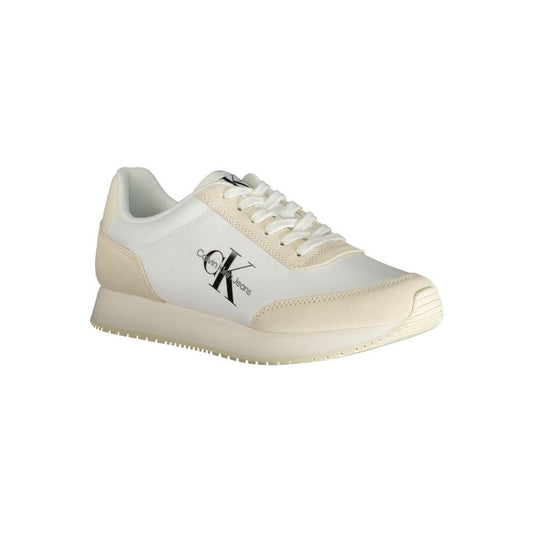 Calvin Klein beige sneaker with laces, contrast details, logo print; made from 50% recycled polyester, ideal sports shoe.
