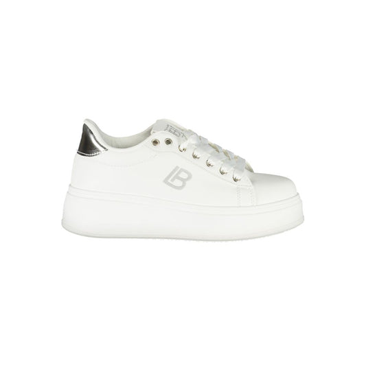 Laura Biagiotti white synthetic women's sneaker with 4 cm wedge and removable rhinestones, offering sporty chic and luxury elegance.