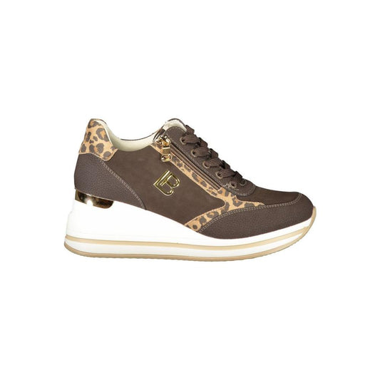 Laura Biagiotti brown polyester women sneaker with leopard print accents and brand logo, side zip, and 3 cm sole for subtle lift