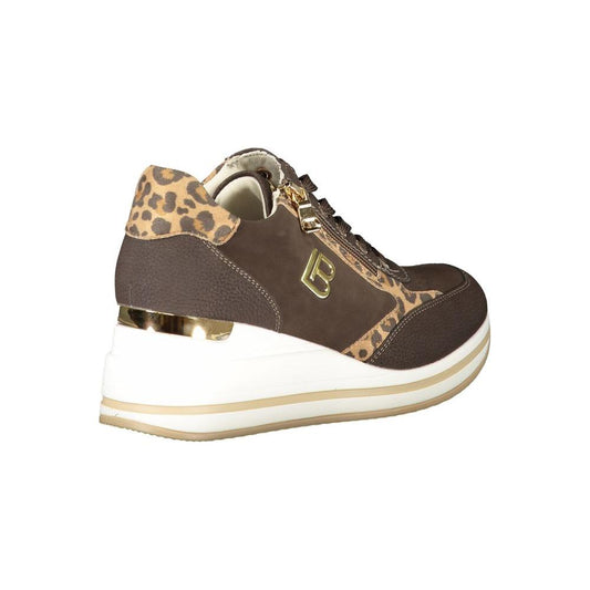 Laura Biagiotti brown polyester women sneaker with leopard print and side zip, 3 cm sole for added lift