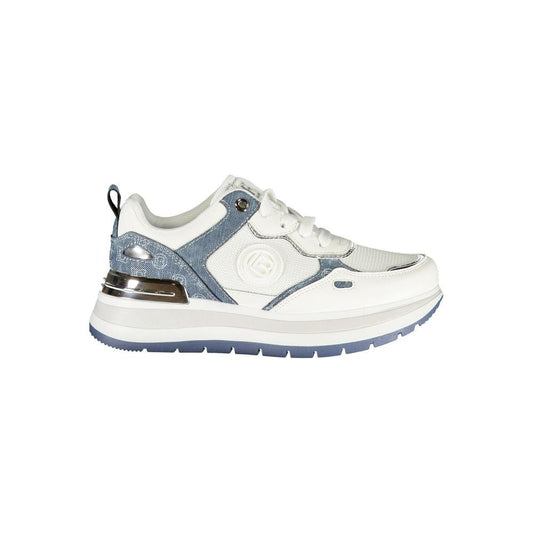 Laura Biagiotti white polyester women's sneaker with embroidery, sporty design, removable footbed, side view on white background.