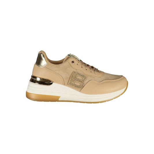Laura Biagiotti beige sneaker with rhinestone embellishments, chic details, and removable insole for bold fashionistas.