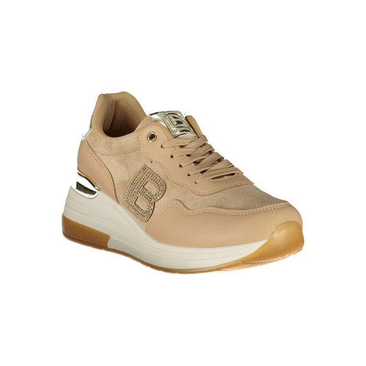 Laura Biagiotti beige polyester women's sneaker with rhinestone embellishments, embroidery, and removable insole for stylish comfort.